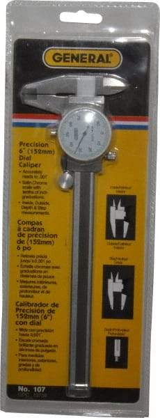 General - 0mm to 6" Range, 0.001" Graduation, 0.1" per Revolution, Dial Caliper - White Face, 1.57" Jaw Length - Caliber Tooling