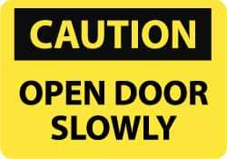 NMC - Caution - Open Door Slowly, Aluminum Fire and Exit Sign - 10" Wide x 7" High - Caliber Tooling