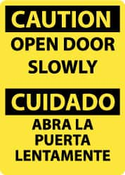 NMC - Caution - Open Door Slowly, Pressure Sensitive Vinyl Fire and Exit Sign - 10" Wide x 14" High, English/Spanish - Caliber Tooling