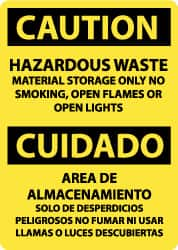 NMC - "Caution - Hazardous Waste Material Storage Only - No Smoking, Open Flames or Open Lights", 14" Long x 10" Wide, Pressure-Sensitive Vinyl Safety Sign - Rectangle, 0.004" Thick, Use for Hazardous Materials - Caliber Tooling