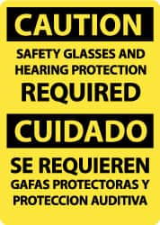 NMC - "Caution - Safety Glasses and Hearing Protection Required", 14" Long x 10" Wide, Pressure-Sensitive Vinyl Safety Sign - Rectangle, 0.004" Thick, Use for Accident Prevention - Caliber Tooling