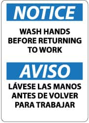 NMC - "Notice - Wash Hands Before Returning to Work", 14" Long x 10" Wide, Pressure-Sensitive Vinyl Safety Sign - Rectangle, 0.004" Thick, Use for Restroom, Janitorial & Housekeeping - Caliber Tooling