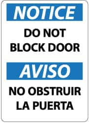 NMC - "Notice - Do Not Block Door", 14" Long x 10" Wide, Pressure-Sensitive Vinyl Safety Sign - Rectangle, 0.004" Thick, Use for Accident Prevention - Caliber Tooling