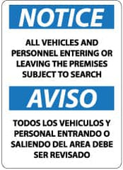 NMC - "Notice - All Vehicles and Personnel Entering or Leaving the Premises Subject to Search", 14" Long x 10" Wide, Pressure-Sensitive Vinyl Safety Sign - Rectangle, 0.004" Thick, Use for Security & Admittance - Caliber Tooling