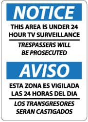 NMC - "Notice - This Area Is under 24 Hour TV Surveillance - Trespassers Will Be Prosecuted", 14" Long x 10" Wide, Rigid Plastic Safety Sign - Rectangle, 0.05" Thick, Use for Security & Admittance - Caliber Tooling