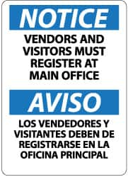 NMC - "Notice - Vendors and Visitors Must Register at Main Office", 14" Long x 10" Wide, Pressure-Sensitive Vinyl Safety Sign - Rectangle, 0.004" Thick, Use for Security & Admittance - Caliber Tooling