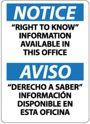 NMC - "Notice - "Right to Know" Information Available in This Office", 14" Long x 10" Wide, Pressure-Sensitive Vinyl Safety Sign - Rectangle, 0.004" Thick, Use for Hazardous Materials - Caliber Tooling