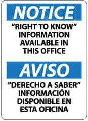 NMC - "Notice - "Right to Know" Information Available in This Office", 14" Long x 10" Wide, Aluminum Safety Sign - Rectangle, 0.04" Thick, Use for Hazardous Materials - Caliber Tooling