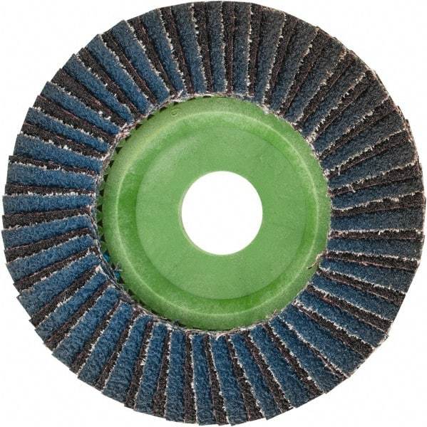 Norton - 40 Grit, 4-1/2" Disc Diam, 7/8" Center Hole, Type 27 Ceramic Alumina Flap Disc - 13,300 Max RPM, Polyester Backing, Arbor Attaching System, Coated - Caliber Tooling