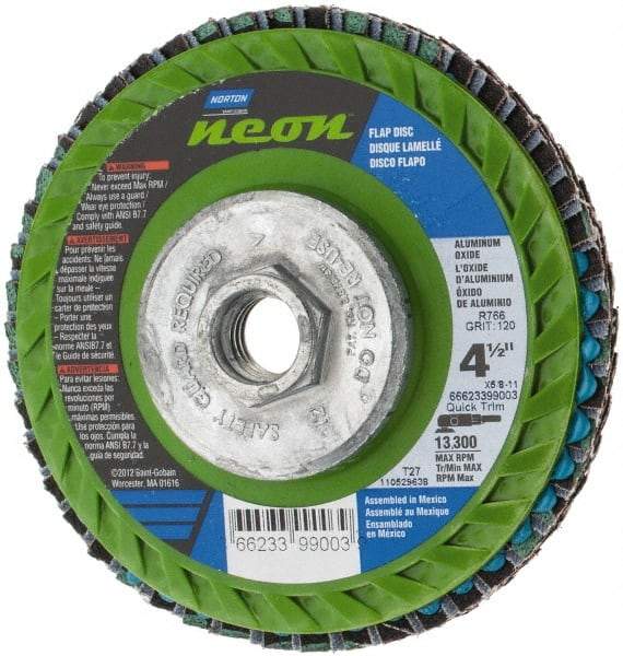 Norton - 120 Grit, 4-1/2" Disc Diam, 5/8-11 Center Hole, Type 27 Ceramic Alumina Flap Disc - 13,300 Max RPM, Polyester Backing, Arbor Attaching System, Coated - Caliber Tooling