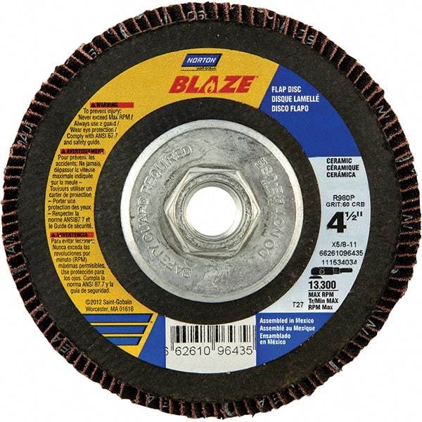 Norton - 80 Grit, 4-1/2" Disc Diam, 5/8-11 Center Hole, Type 27 Ceramic Alumina Flap Disc - 13,000 Max RPM, Cloth Backing, Arbor Attaching System, Coated - Caliber Tooling