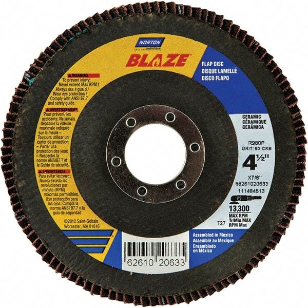 Norton - 80 Grit, 4-1/2" Disc Diam, 7/8" Center Hole, Type 27 Ceramic Alumina Flap Disc - 13,000 Max RPM, Cloth Backing, Arbor Attaching System, Coated - Caliber Tooling