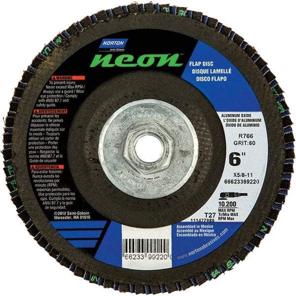 Norton - 40 Grit, 6" Disc Diam, 5/8-11 Center Hole, Type 27 Ceramic Alumina Flap Disc - 10,200 Max RPM, Polyester Backing, Arbor Attaching System, Coated - Caliber Tooling