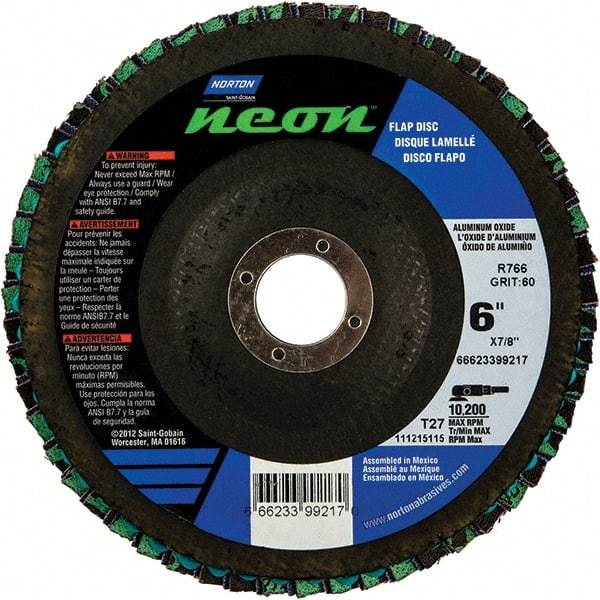 Norton - 80 Grit, 6" Disc Diam, 7/8" Center Hole, Type 27 Ceramic Alumina Flap Disc - 10,200 Max RPM, Polyester Backing, Arbor Attaching System, Coated - Caliber Tooling