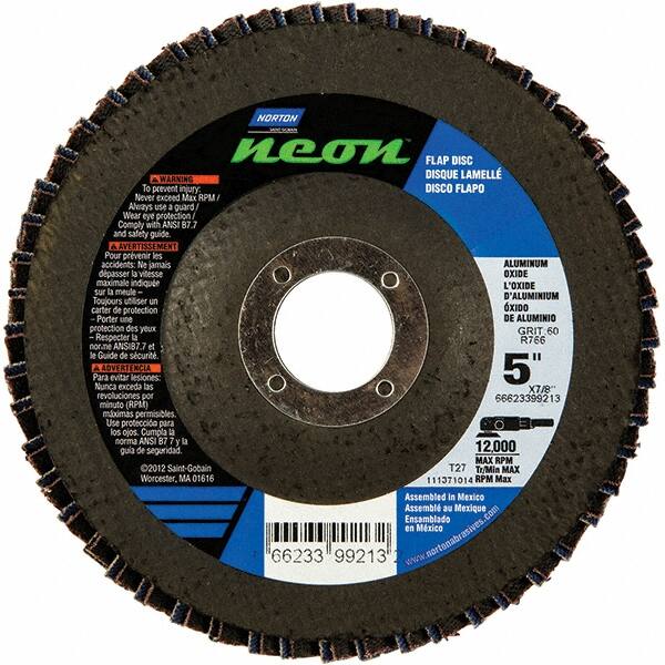 Norton - 80 Grit, 5" Disc Diam, 7/8" Center Hole, Type 27 Ceramic Alumina Flap Disc - 12,000 Max RPM, Polyester Backing, Arbor Attaching System, Coated - Caliber Tooling