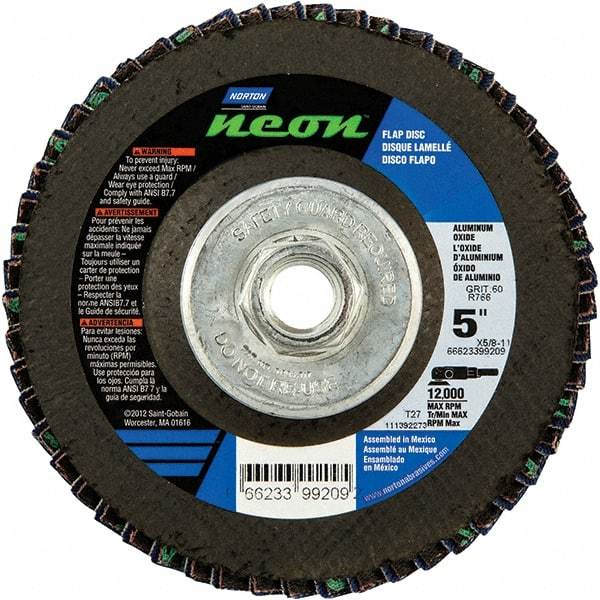 Norton - 40 Grit, 5" Disc Diam, 5/8-11 Center Hole, Type 27 Ceramic Alumina Flap Disc - 12,000 Max RPM, Polyester Backing, Arbor Attaching System, Coated - Caliber Tooling