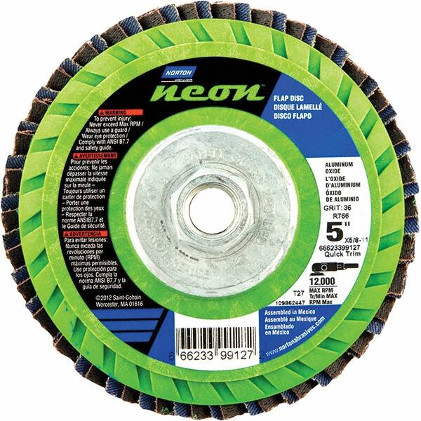 Norton - 60 Grit, 5" Disc Diam, 5/8-11 Center Hole, Type 27 Ceramic Alumina Flap Disc - 12,000 Max RPM, Polyester Backing, Arbor Attaching System, Coated - Caliber Tooling