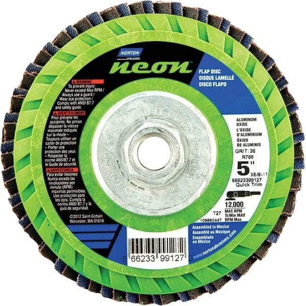 Norton - 40 Grit, 5" Disc Diam, 5/8-11 Center Hole, Type 27 Ceramic Alumina Flap Disc - 12,000 Max RPM, Polyester Backing, Arbor Attaching System, Coated - Caliber Tooling