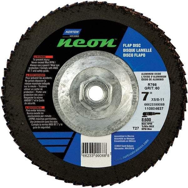 Norton - 40 Grit, 7" Disc Diam, 5/8-11 Center Hole, Type 27 Ceramic Alumina Flap Disc - 8,600 Max RPM, Polyester Backing, Arbor Attaching System, Coated - Caliber Tooling