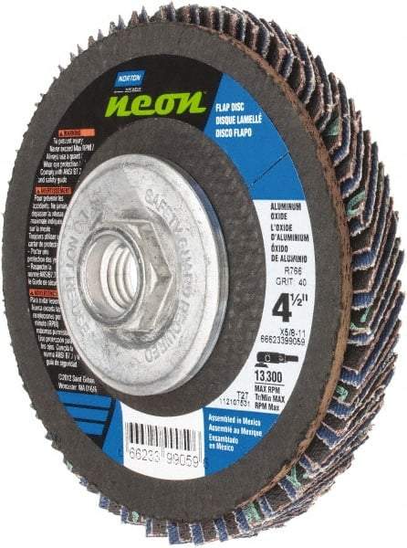 Norton - 40 Grit, 4-1/2" Disc Diam, 5/8-11 Center Hole, Type 27 Ceramic Alumina Flap Disc - 13,300 Max RPM, Polyester Backing, Arbor Attaching System, Coated - Caliber Tooling