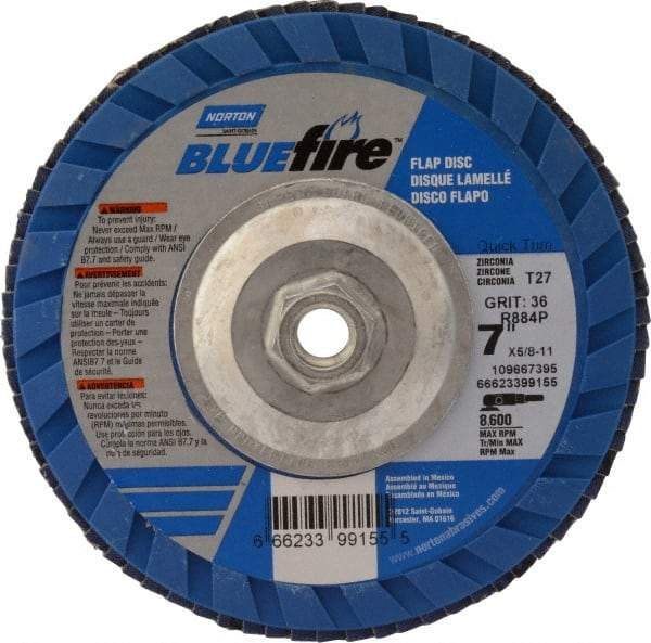 Norton - 36 Grit, 7" Disc Diam, 5/8-11 Center Hole, Type 27 Zirconia Alumina Flap Disc - 8,600 Max RPM, Cloth Backing, Arbor Attaching System, Coated - Caliber Tooling