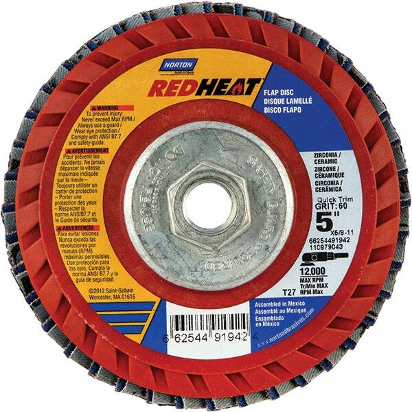 Norton - 40 Grit, 5" Disc Diam, 5/8-11 Center Hole, Type 27 Ceramic Alumina Flap Disc - 12,000 Max RPM, Cloth Backing, Arbor Attaching System, Coated - Caliber Tooling