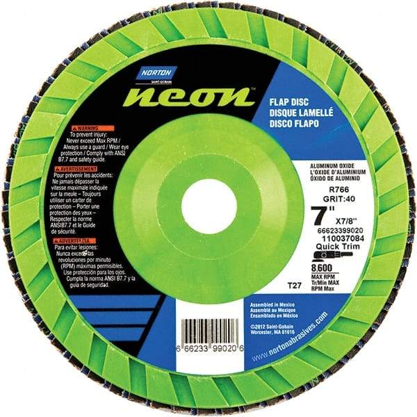 Norton - 40 Grit, 7" Disc Diam, 7/8" Center Hole, Type 27 Ceramic Alumina Flap Disc - 8,600 Max RPM, Polyester Backing, Arbor Attaching System, Coated - Caliber Tooling