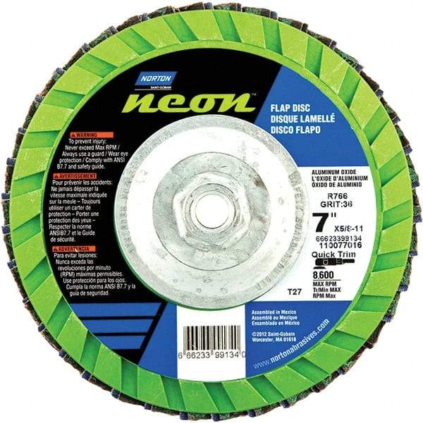 Norton - 120 Grit, 7" Disc Diam, 5/8-11 Center Hole, Type 27 Ceramic Alumina Flap Disc - 8,600 Max RPM, Polyester Backing, Arbor Attaching System, Coated - Caliber Tooling