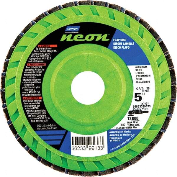 Norton - 120 Grit, 5" Disc Diam, 7/8" Center Hole, Type 27 Ceramic Alumina Flap Disc - 12,000 Max RPM, Polyester Backing, Arbor Attaching System, Coated - Caliber Tooling