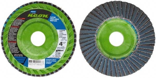 Norton - 120 Grit, 4-1/2" Disc Diam, 7/8" Center Hole, Type 27 Ceramic Alumina Flap Disc - 13,300 Max RPM, Polyester Backing, Arbor Attaching System, Coated - Caliber Tooling