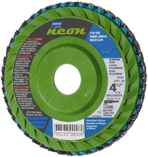 Norton - 80 Grit, 4-1/2" Disc Diam, 7/8" Center Hole, Type 27 Ceramic Alumina Flap Disc - 13,300 Max RPM, Polyester Backing, Arbor Attaching System, Coated - Caliber Tooling