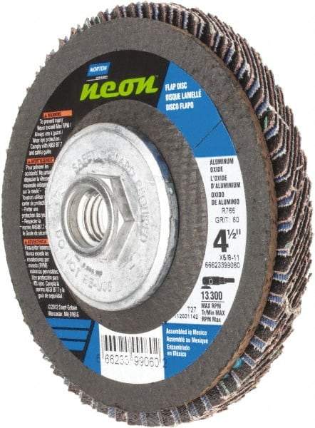 Norton - 60 Grit, 4-1/2" Disc Diam, 5/8-11 Center Hole, Type 27 Ceramic Alumina Flap Disc - 13,300 Max RPM, Polyester Backing, Arbor Attaching System, Coated - Caliber Tooling