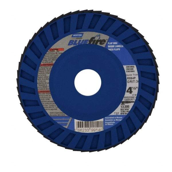 Norton - 36 Grit, 4-1/2" Disc Diam, 7/8" Center Hole, Type 27 Zirconia Alumina Flap Disc - 13,300 Max RPM, Cloth Backing, Arbor Attaching System, Coated - Caliber Tooling