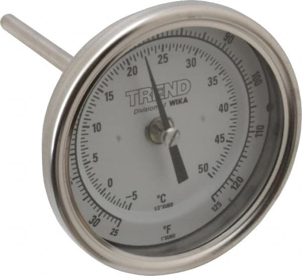 Wika - 4 Inch Long Stem, 3 Inch Dial Diameter, Stainless Steel, Back Connected Bi-Metal Thermometer - -5 to 50°C, 1% Accuracy - Caliber Tooling