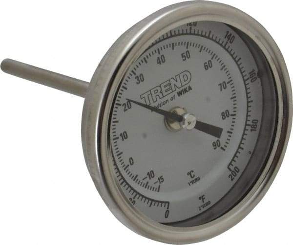 Wika - 4 Inch Long Stem, 3 Inch Dial Diameter, Stainless Steel, Back Connected Bi-Metal Thermometer - -15 to 90°C, 1% Accuracy - Caliber Tooling