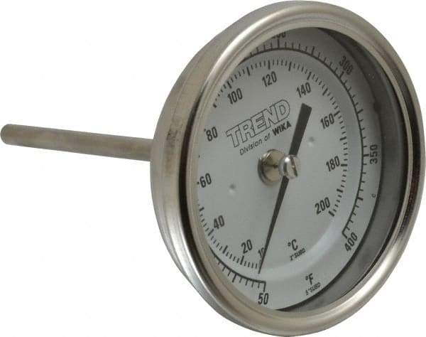 Wika - 4 Inch Long Stem, 3 Inch Dial Diameter, Stainless Steel, Back Connected Bi-Metal Thermometer - 10 to 200°C, 1% Accuracy - Caliber Tooling