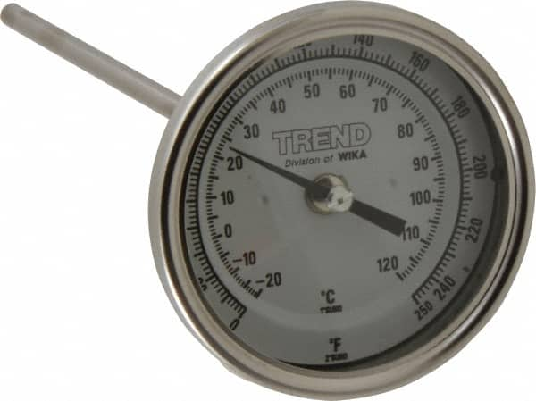 Wika - 9 Inch Long Stem, 3 Inch Dial Diameter, Stainless Steel, Back Connected Bi-Metal Thermometer - -20 to 120°C, 1% Accuracy - Caliber Tooling