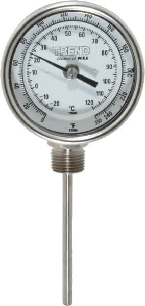 Wika - 4 Inch Long Stem, 3 Inch Dial Diameter, Stainless Steel, Bottom Connected Bi-Metal Thermometer - -20 to 120°C, 1% Accuracy - Caliber Tooling