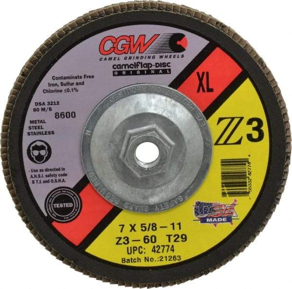 Camel Grinding Wheels - 60 Grit, 7" Disc Diam, 5/8-11 Center Hole, Type 29 Zirconia Alumina Flap Disc - 8,600 Max RPM, Poly Cotton Backing, Arbor Attaching System, Coated - Caliber Tooling