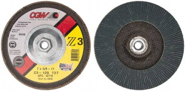 Camel Grinding Wheels - 120 Grit, 7" Disc Diam, 5/8-11 Center Hole, Type 27 Zirconia Alumina Flap Disc - 8,600 Max RPM, Poly Cotton Backing, Arbor Attaching System, Coated - Caliber Tooling