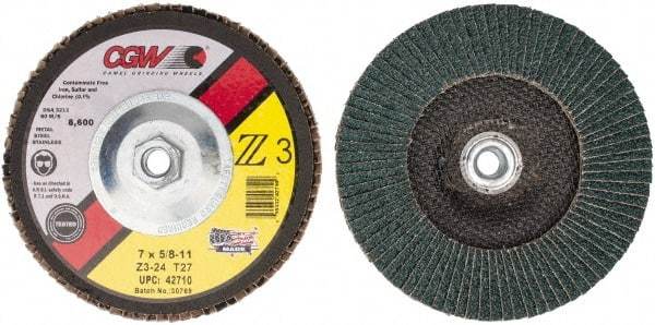 Camel Grinding Wheels - 24 Grit, 7" Disc Diam, 5/8-11 Center Hole, Type 27 Zirconia Alumina Flap Disc - 8,600 Max RPM, Poly Cotton Backing, Arbor Attaching System, Coated - Caliber Tooling