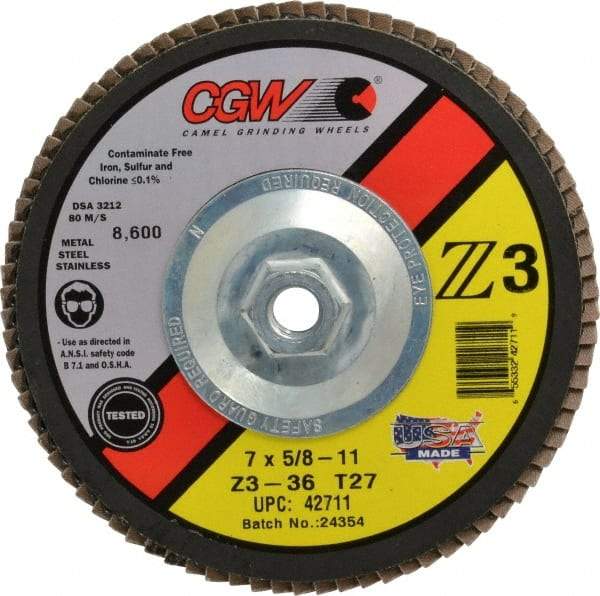 Camel Grinding Wheels - 36 Grit, 7" Disc Diam, 5/8-11 Center Hole, Type 27 Zirconia Alumina Flap Disc - 8,600 Max RPM, Poly Cotton Backing, Arbor Attaching System, Coated - Caliber Tooling