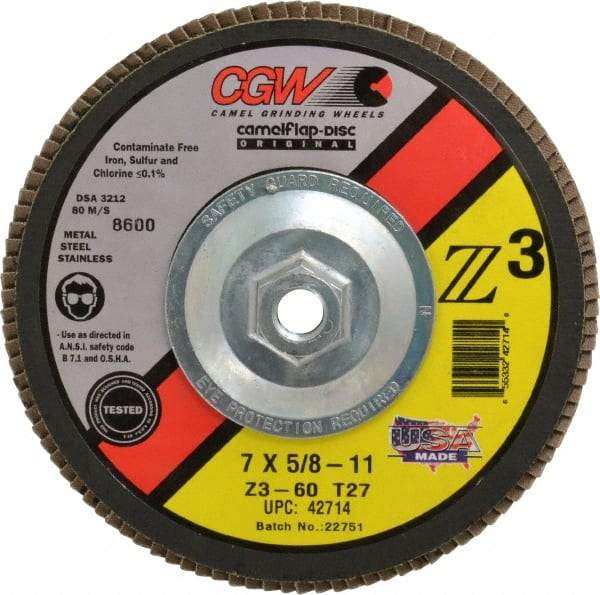 Camel Grinding Wheels - 60 Grit, 7" Disc Diam, 5/8-11 Center Hole, Type 27 Zirconia Alumina Flap Disc - 8,600 Max RPM, Poly Cotton Backing, Arbor Attaching System, Coated - Caliber Tooling