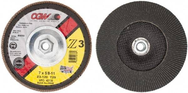 Camel Grinding Wheels - 120 Grit, 7" Disc Diam, 5/8-11 Center Hole, Type 29 Zirconia Alumina Flap Disc - 8,600 Max RPM, Poly Cotton Backing, Arbor Attaching System, Coated - Caliber Tooling