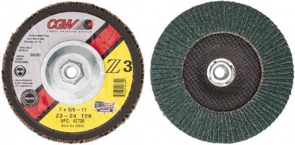 Camel Grinding Wheels - 24 Grit, 7" Disc Diam, 5/8-11 Center Hole, Type 29 Zirconia Alumina Flap Disc - 8,600 Max RPM, Poly Cotton Backing, Arbor Attaching System, Coated - Caliber Tooling