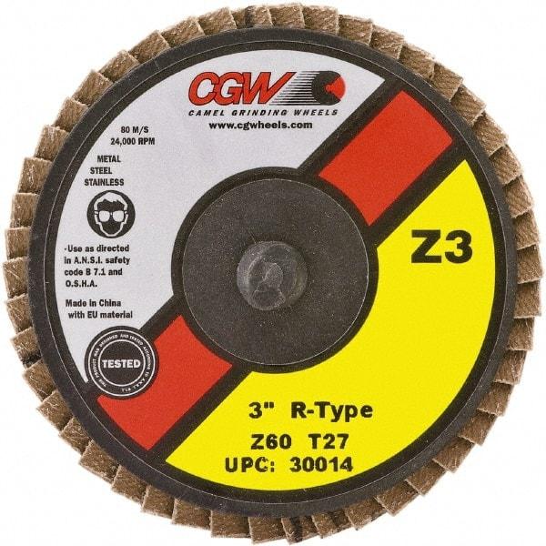 Camel Grinding Wheels - 80 Grit, 3" Disc Diam, Type 27 Zirconia Alumina Flap Disc - 24,000 Max RPM, Poly Cotton Backing, Quick Change Type R Attaching System, Coated - Caliber Tooling