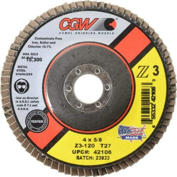 Camel Grinding Wheels - 120 Grit, 4" Disc Diam, 5/8" Center Hole, Type 27 Zirconia Alumina Flap Disc - 15,300 Max RPM, Poly Cotton Backing, Arbor Attaching System, Coated - Caliber Tooling