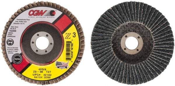 Camel Grinding Wheels - 36 Grit, 4" Disc Diam, 5/8" Center Hole, Type 27 Zirconia Alumina Flap Disc - 15,300 Max RPM, Poly Cotton Backing, Arbor Attaching System, Coated - Caliber Tooling