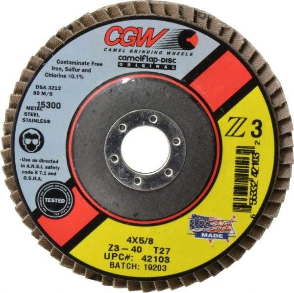 Camel Grinding Wheels - 40 Grit, 4" Disc Diam, 5/8" Center Hole, Type 27 Zirconia Alumina Flap Disc - 15,300 Max RPM, Poly Cotton Backing, Arbor Attaching System, Coated - Caliber Tooling