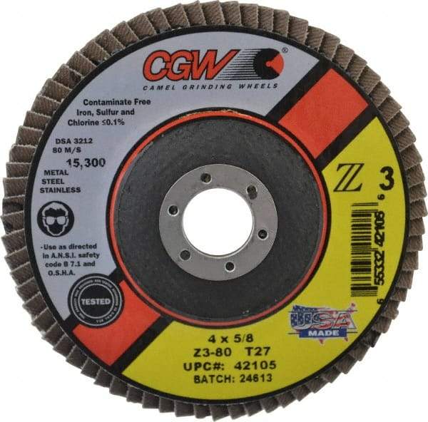 Camel Grinding Wheels - 80 Grit, 4" Disc Diam, 5/8" Center Hole, Type 27 Zirconia Alumina Flap Disc - 15,300 Max RPM, Poly Cotton Backing, Arbor Attaching System, Coated - Caliber Tooling